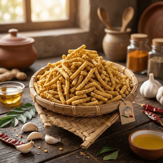 Garlic Sev - crispy Indian namkeen snack made with garlic, gram flour, and spices, served in a traditional bamboo basket