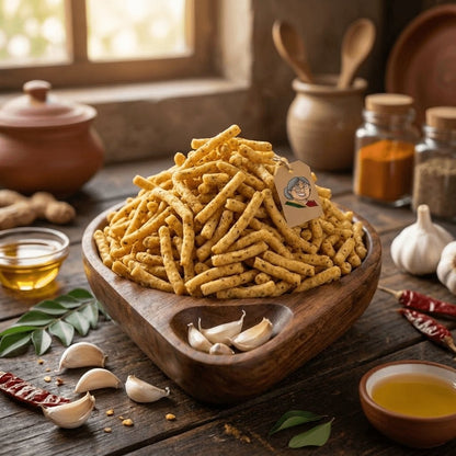 Garlic Sev - crunchy South Indian style namkeen snack made with fresh garlic, gram flour, and spices, served in a rustic wooden bowl with whole garlic cloves