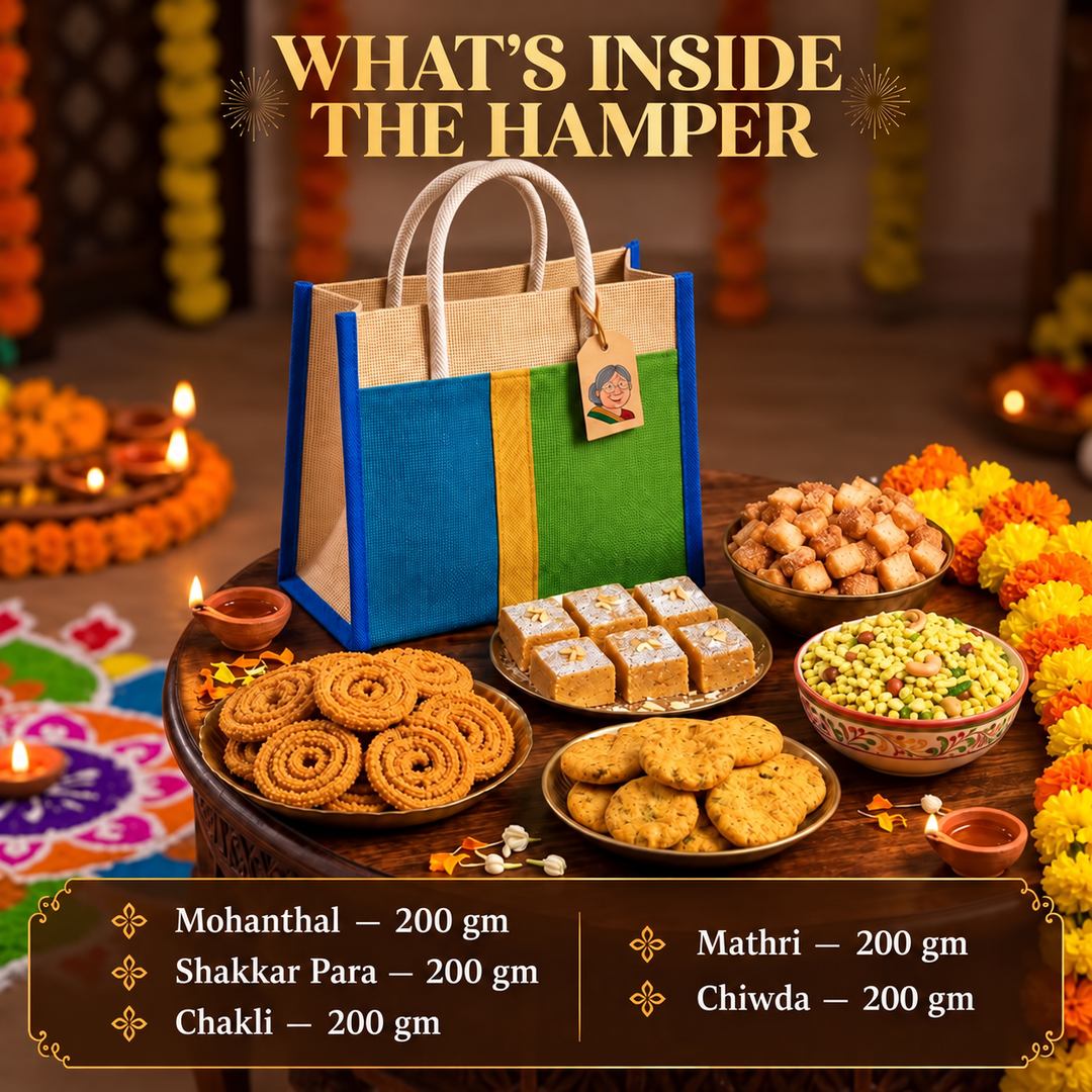 A festive gift hamper display with a blue, green, and beige paper bag standing on a decorated table, surrounded by Indian snacks including mohanthal, shakkar para, chakli, mathri, and chiwda. Text at the top reads 'WHAT'S INSIDE THE HAMPER' and a lower panel lists included items and weights.
