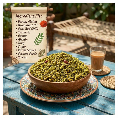 Gujarati namkeen ingredient scroll - besan, groundnut oil, turmeric, hing, curry leaves, spices