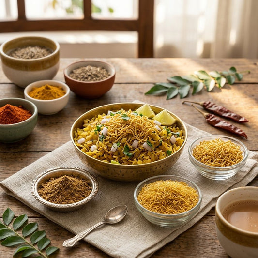 indori poha with sev, spices, curry leaves, chai and dried red chillies spread on table