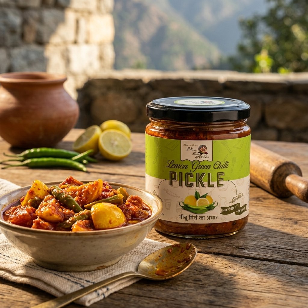 Lemon Green Chilli Pickle jar (Nimbu Mirch Achar) with a bowl of pickled vegetables, fresh green chillies, and lemon halves on a wooden table