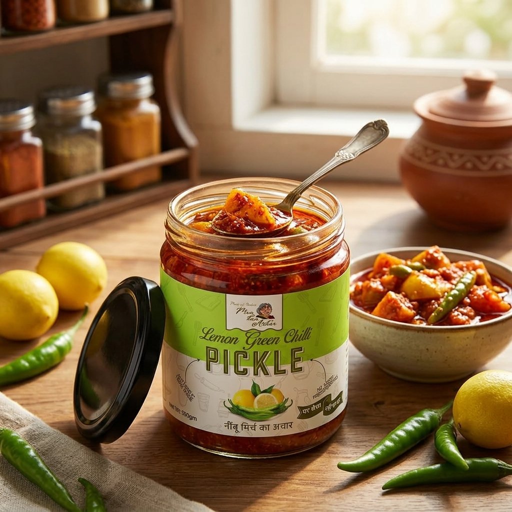 Open jar of Lemon Green Chilli Pickle with a spoon, served in a bowl alongside fresh lemons and green chillies on a kitchen table