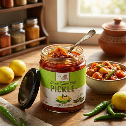 Open jar of Lemon Green Chilli Pickle with a spoon, served in a bowl alongside fresh lemons and green chillies on a kitchen table