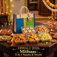 Maa Kaa Achar Diwali 2026 Mithaas 5-in-1 Snacks and Sweets Hamper with traditional Indian festive snacks in a gift bag