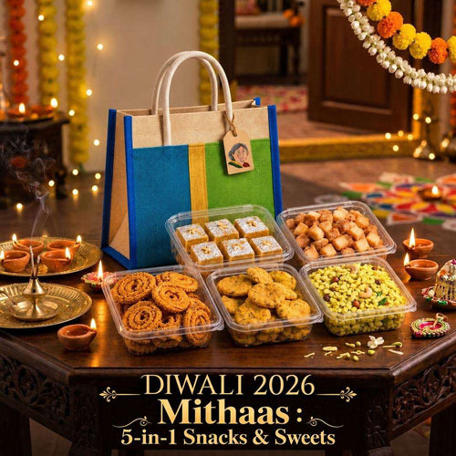 Maa Kaa Achar Diwali 2026 Mithaas 5-in-1 Snacks and Sweets Hamper with traditional Indian festive snacks in a gift bag