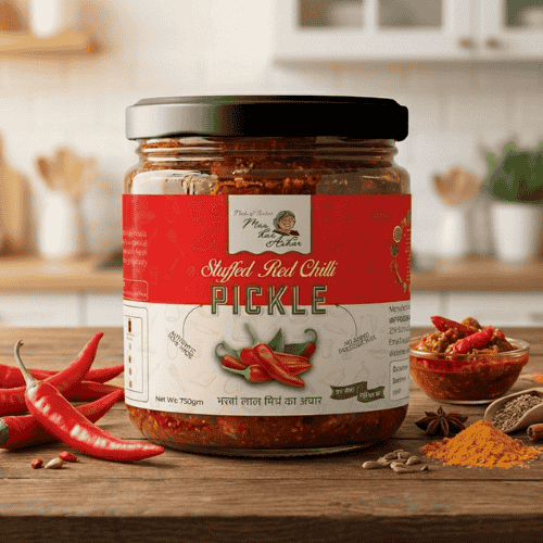 Stuffed Red Chilli Pickle (Bharwa Lal Mirch) - Maa Kaa Achar