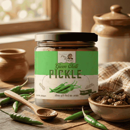 Spicy Green Chilli Pickle (Hari Mirch Ka Achar) - Maa Kaa Achar
