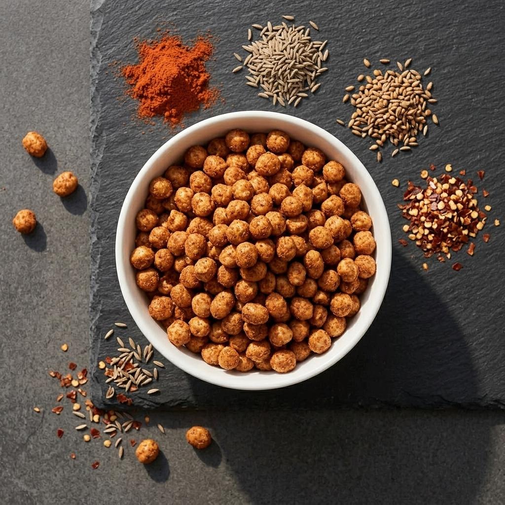 Overhead view of masala peanuts bowl surrounded by chilli powder, cumin, sesame and spices