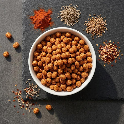 Overhead view of masala peanuts bowl surrounded by chilli powder, cumin, sesame and spices