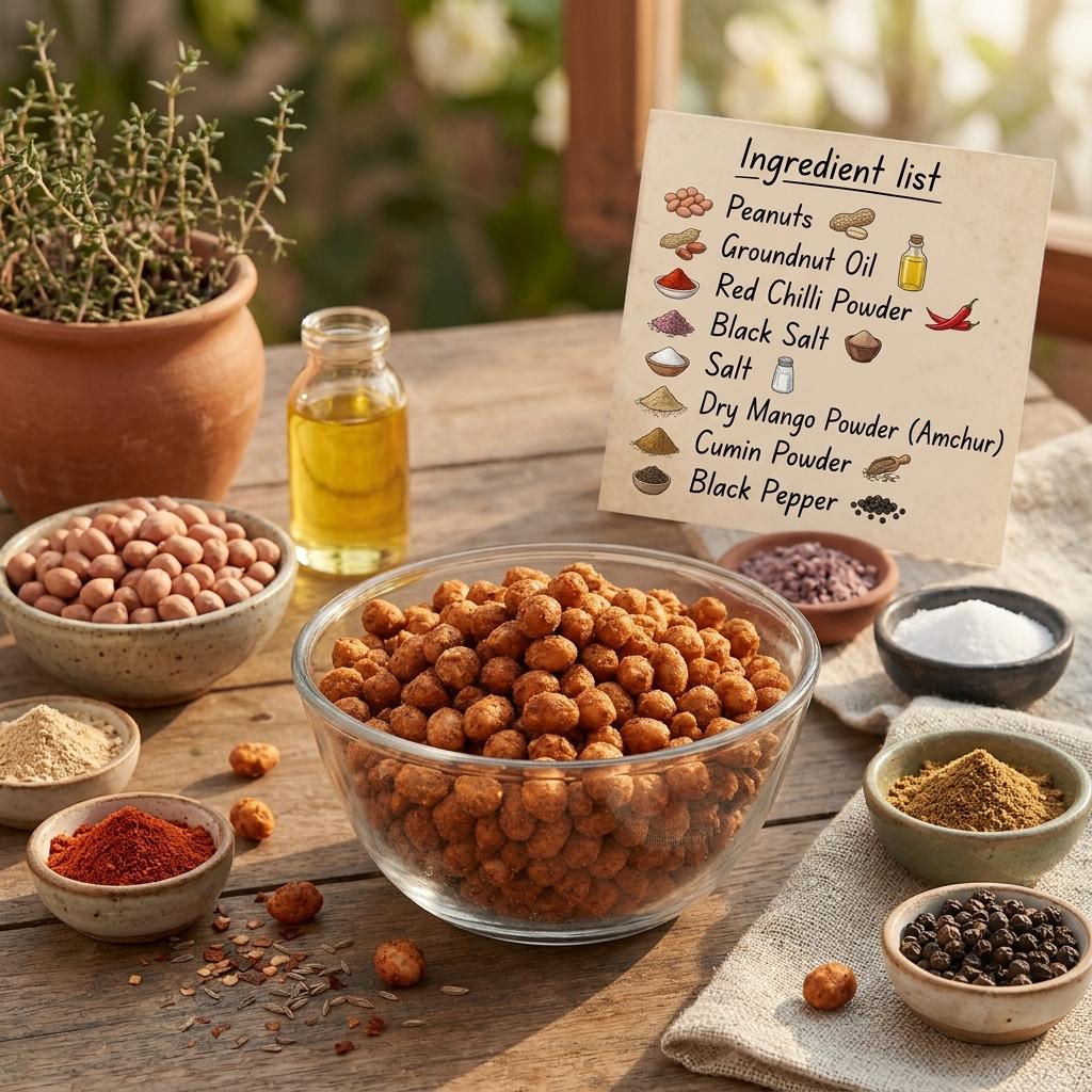 Masala peanuts ingredients - peanuts, oil, red chilli powder, black salt, amchur and spices