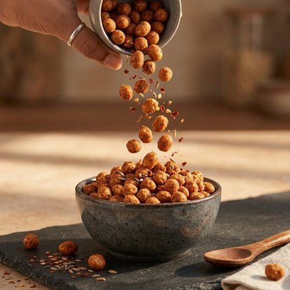 Masala peanuts pouring from small bowl into ceramic bowl on slate tray