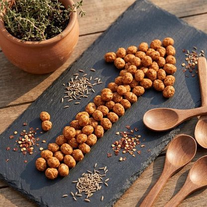 Masala peanuts arranged on slate tray with cumin, chilli flakes and wooden spoons