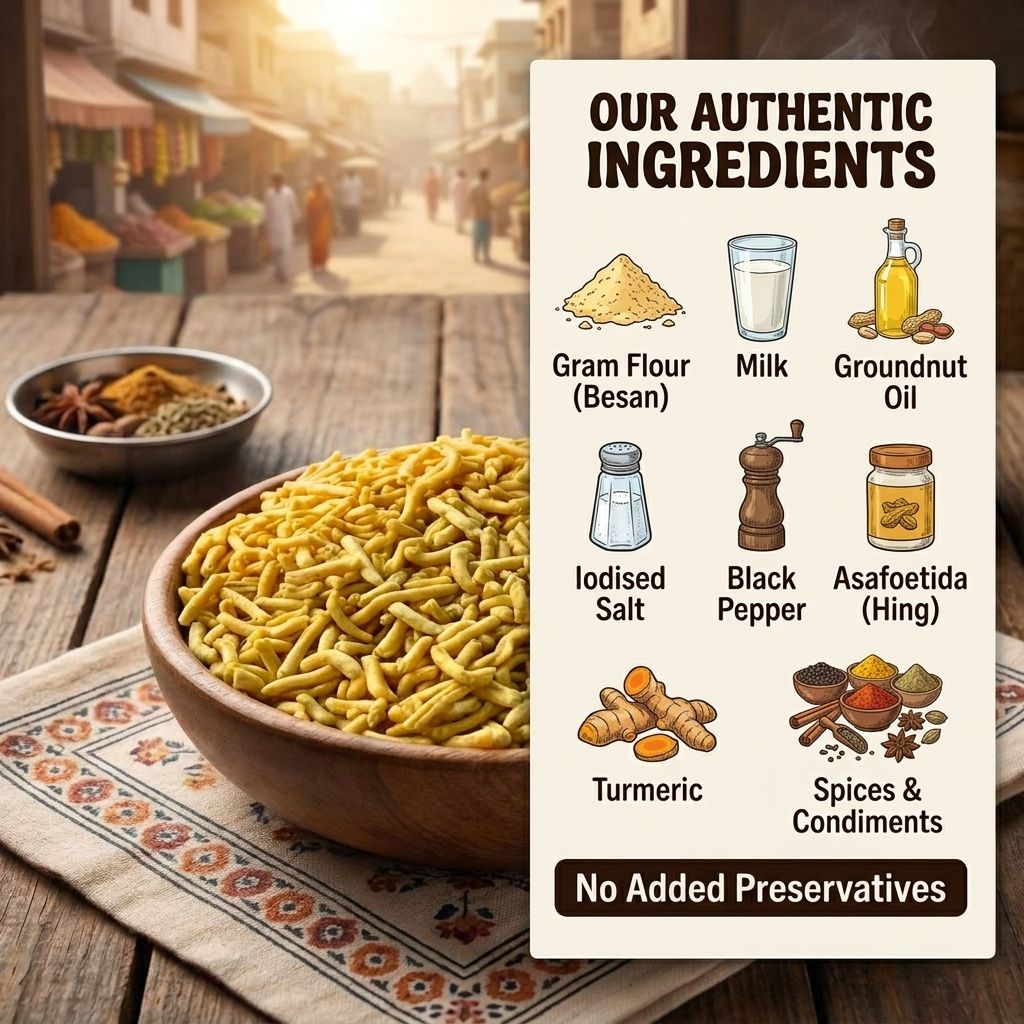 Milk sev ingredients - gram flour, milk, groundnut oil, salt, pepper, hing, turmeric, spices