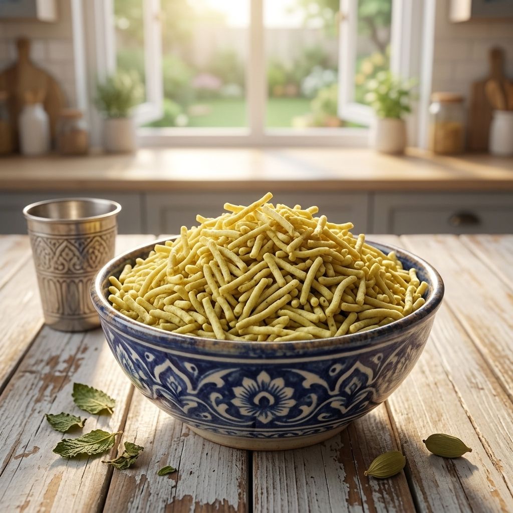 Milk sev in blue floral ceramic bowl on rustic wood table with kitchen window backdrop