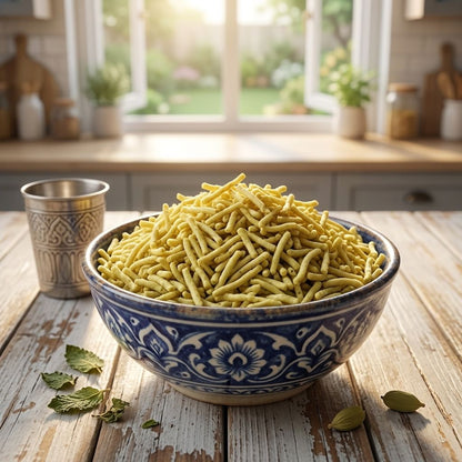 Milk sev in blue floral ceramic bowl on rustic wood table with kitchen window backdrop