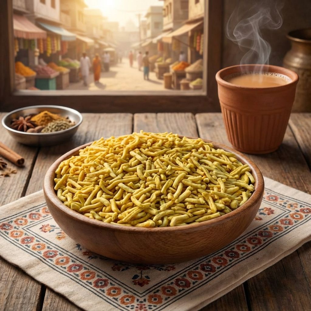 Milk sev namkeen in wooden bowl with kulhad chai and Indian bazaar backdrop