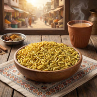 Milk sev namkeen in wooden bowl with kulhad chai and Indian bazaar backdrop