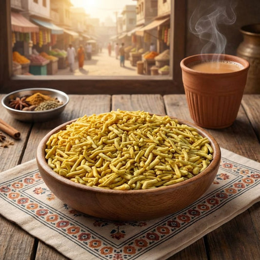 Milk sev namkeen in wooden bowl with kulhad chai and Indian bazaar backdrop