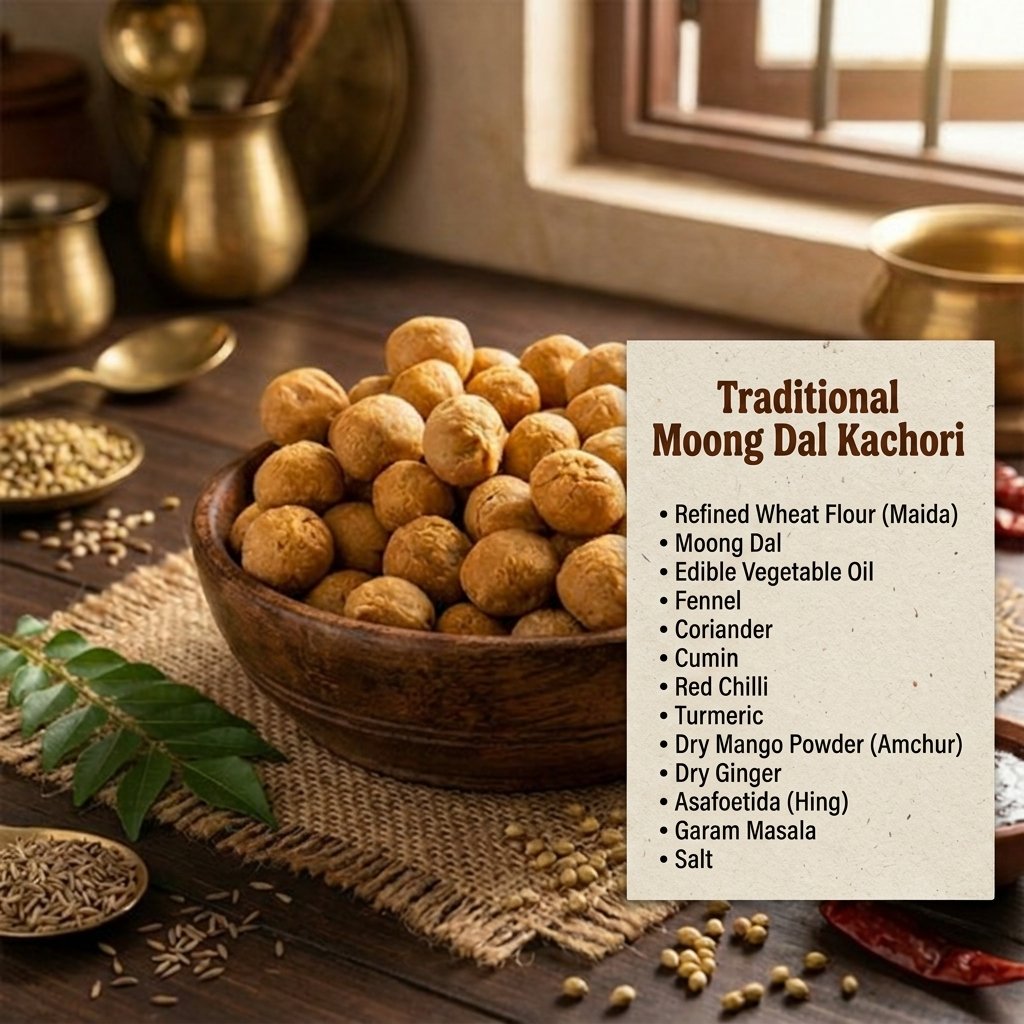 Traditional moong dal kachori ingredients - maida, dal, fennel, spices, hing, garam masala