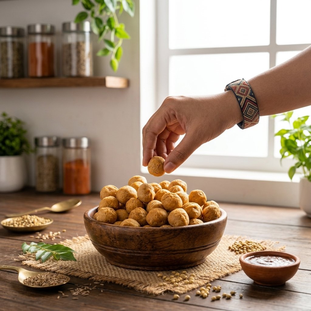 Hand picking mini kachori from wooden bowl with spice jars and plants in bright kitchen
