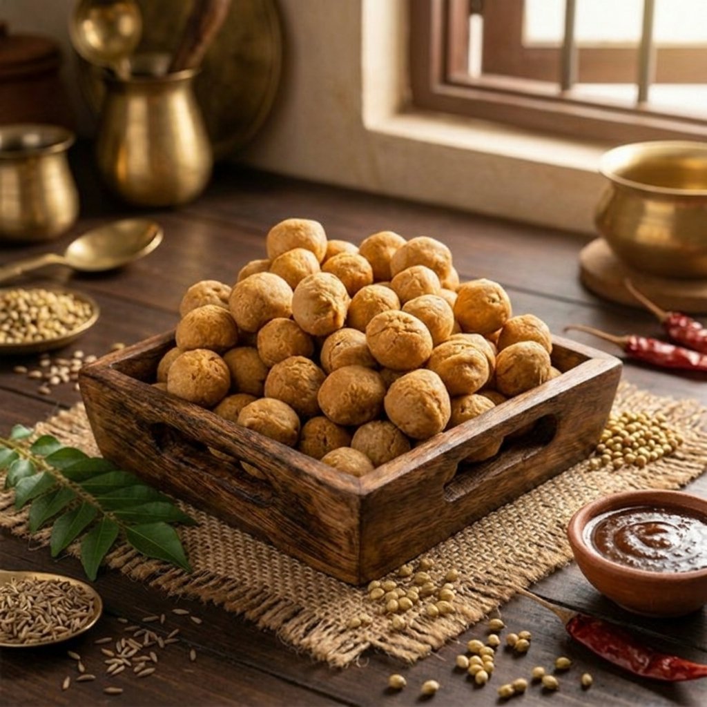 Mini masala kachori stacked in wooden crate with brass vessels and dried chillies