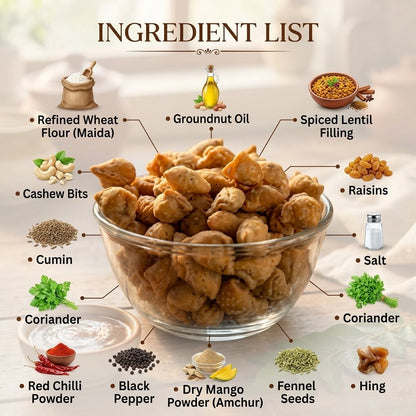 Mini samosa ingredients - maida, groundnut oil, lentil filling, cashews, raisins, spices, hing