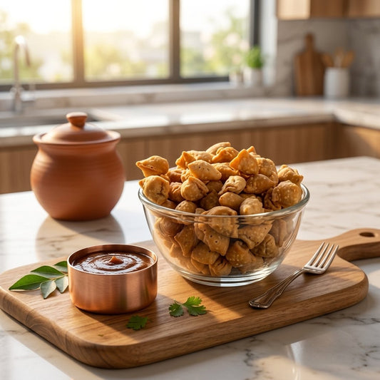 Mini samosas in glass bowl on wooden board with copper chutney bowl in modern kitchen