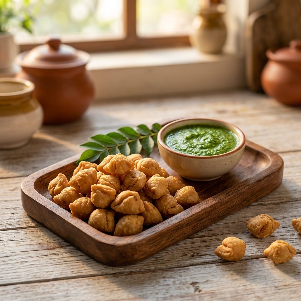 Mini samosas on wooden tray with green mint chutney and curry leaves near window