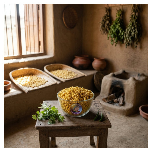 A clear glass bowl filled with yellow dried beans or lentils sits on a rustic wooden table in a warm, traditional room with clay walls, a small stove, hanging herbs, and woven trays holding more dried beans.