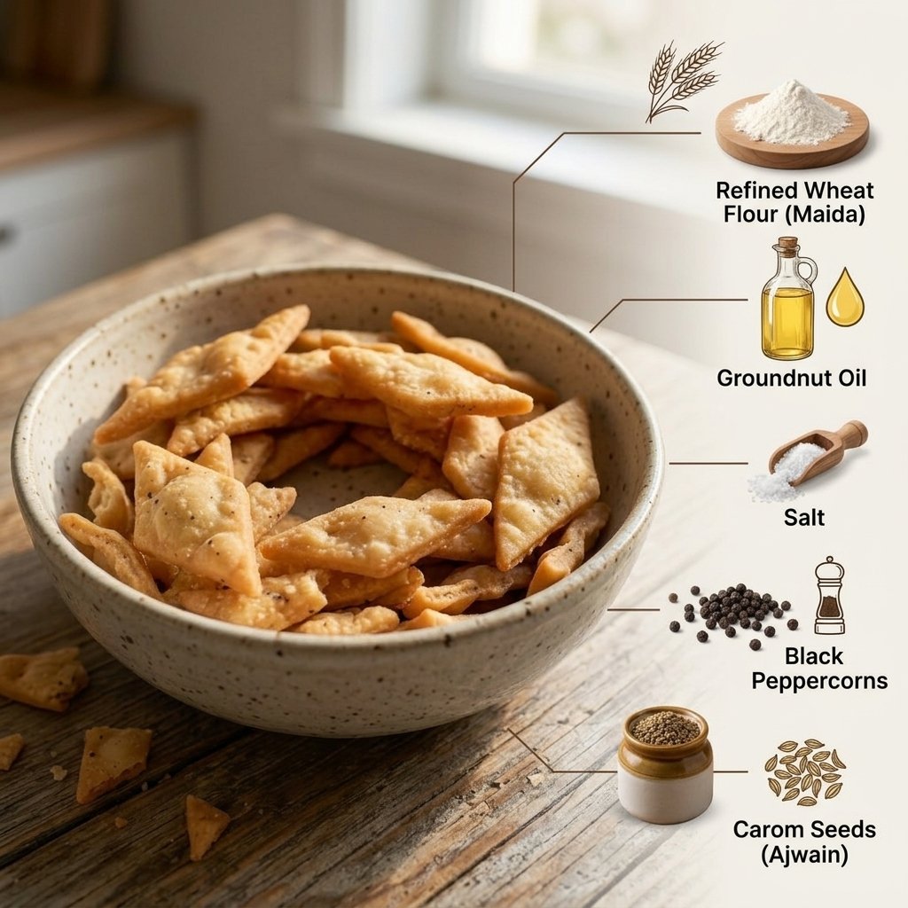namakpara/nimki ingredients - maida, groundnut oil, salt, black peppercorns, carom seeds ajwain