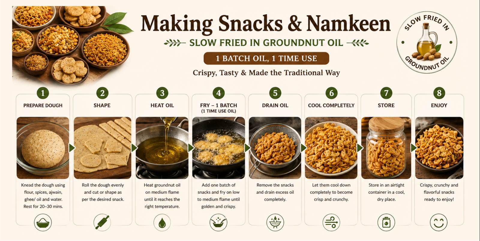 Traditional Indian snacks and namkeen making process showing slow frying in groundnut oil for crispy homemade snacks