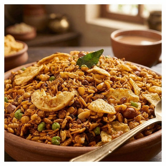 Close-up of crunchy Navratan mixture namkeen with sev, corn flakes, peanuts, cashews and curry leaf in a clay bowl