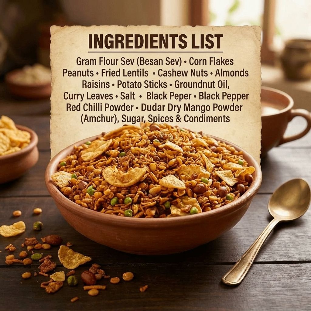 Navratan mixture namkeen ingredients list — gram flour sev, corn flakes, peanuts, fried lentils, cashew nuts, almonds, raisins, potato sticks, curry leaves and spices, served in a clay bowl