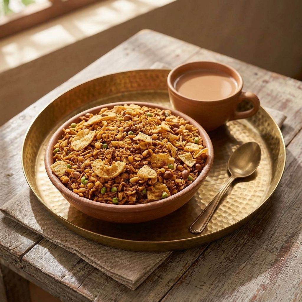 Navratan mixture namkeen served in a clay bowl with masala chai on a brass tray