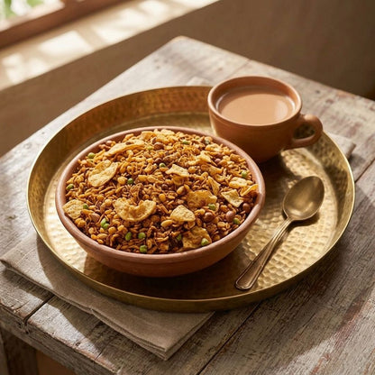 Navratan mixture namkeen served in a clay bowl with masala chai on a brass tray