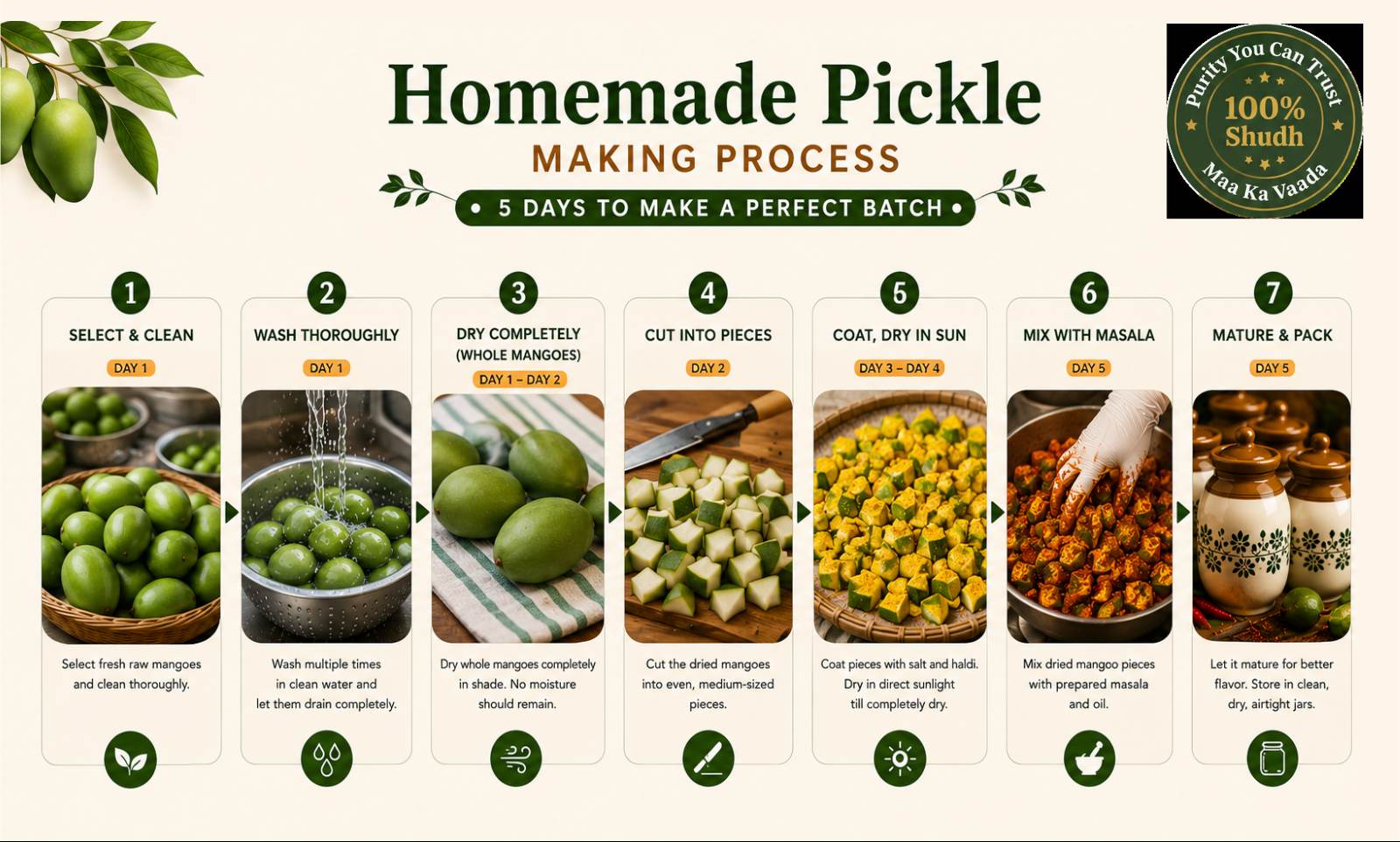 Homemade mango pickle making process showing the traditional 5-day preparation method from fresh mangoes to ready-to-eat pickle