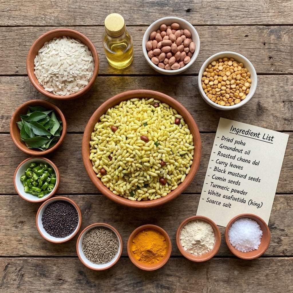 Assorted ingredients for a diet chiwda on a wooden surface with an ingredient list.