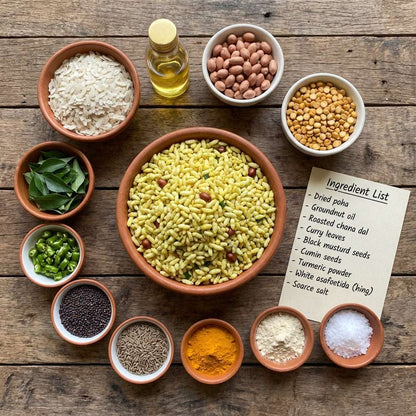 Assorted ingredients for a diet chiwda on a wooden surface with an ingredient list.