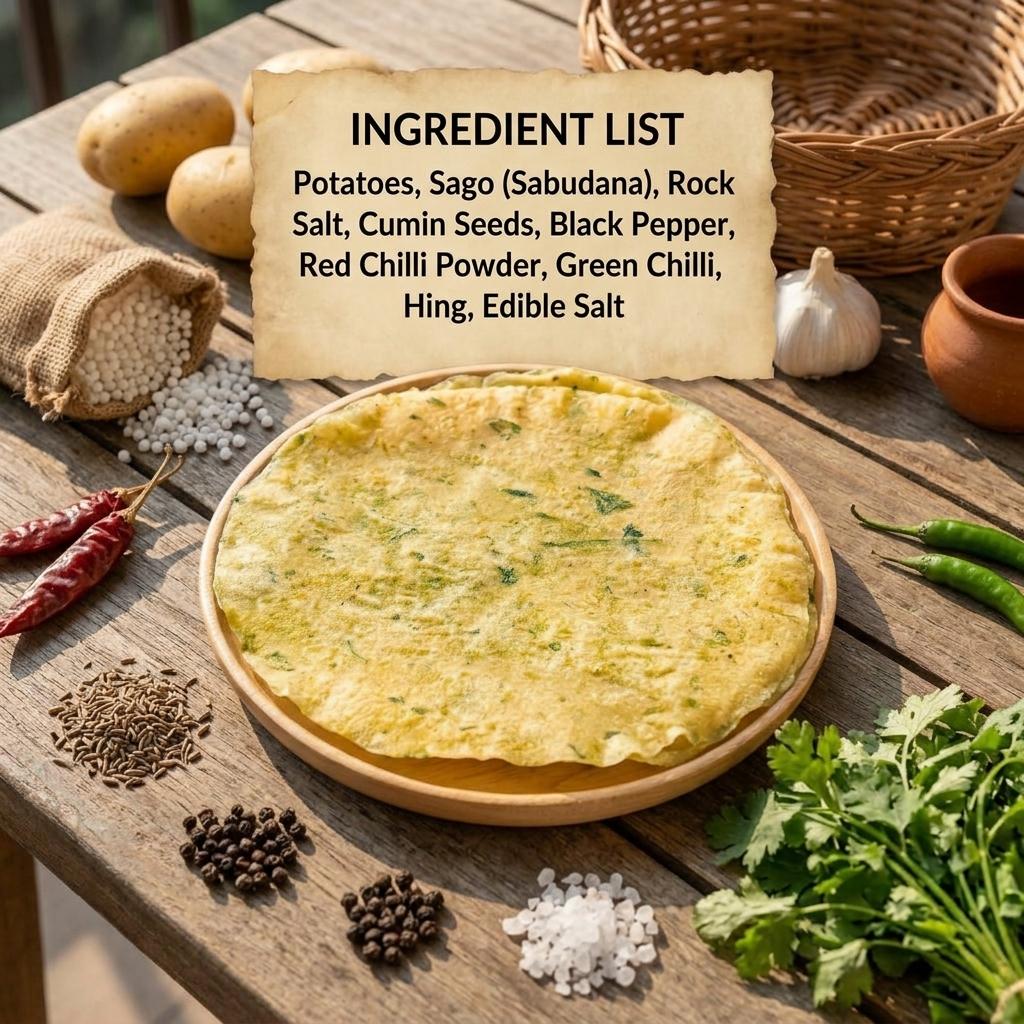 Potato papad ingredients - potatoes, sabudana, rock salt, cumin, black pepper, chilli, hing
