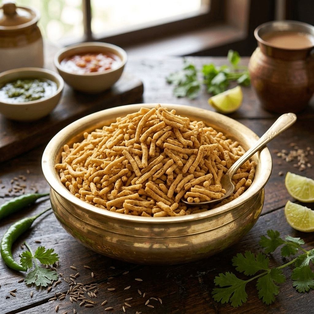 Ratlami Sev - crispy spicy Indian namkeen snack served in a traditional brass bowl, with green chillies, mint and tamarind chutney, coriander, lime wedges, and cumin seeds