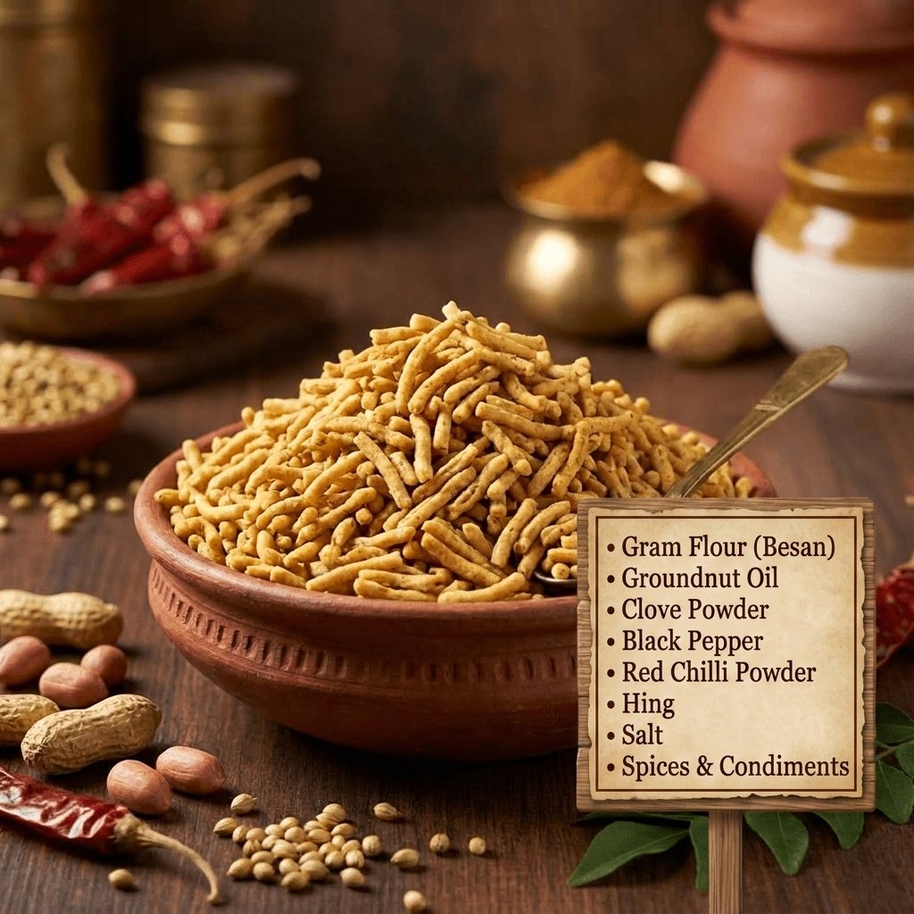 Ratlami Sev ingredient list - made with gram flour, groundnut oil, clove powder, black pepper, red chilli powder, hing, salt, and spices, shown with a bowl of crispy Ratlami sev garnished with peanuts and coriander seeds