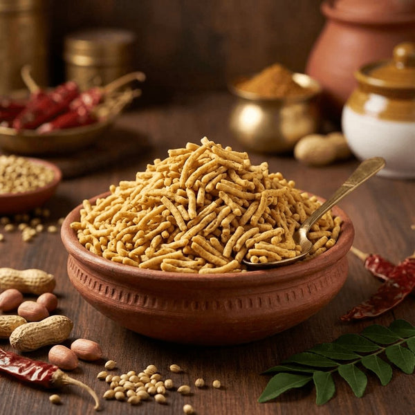 Indori Ratlami Sev - spicy crunchy Indian namkeen snack served in a traditional clay bowl, garnished with peanuts, coriander seeds, dry red chillies, and curry leaves
