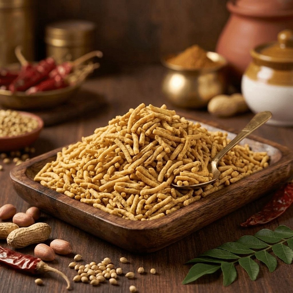 Ratlami Sev - crispy spicy Indian namkeen snack served in a rustic wooden tray, garnished with peanuts, coriander seeds, dry red chillies, and curry leaves