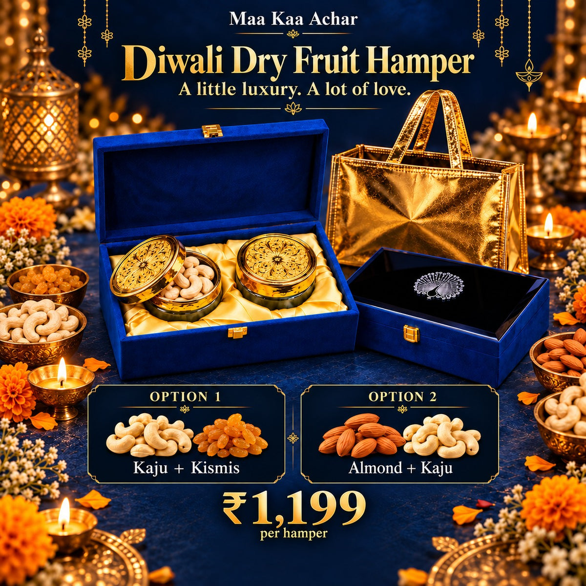 Open royal blue gift box with two decorative gold-lidded jars and golden lining, beside a closed matching box