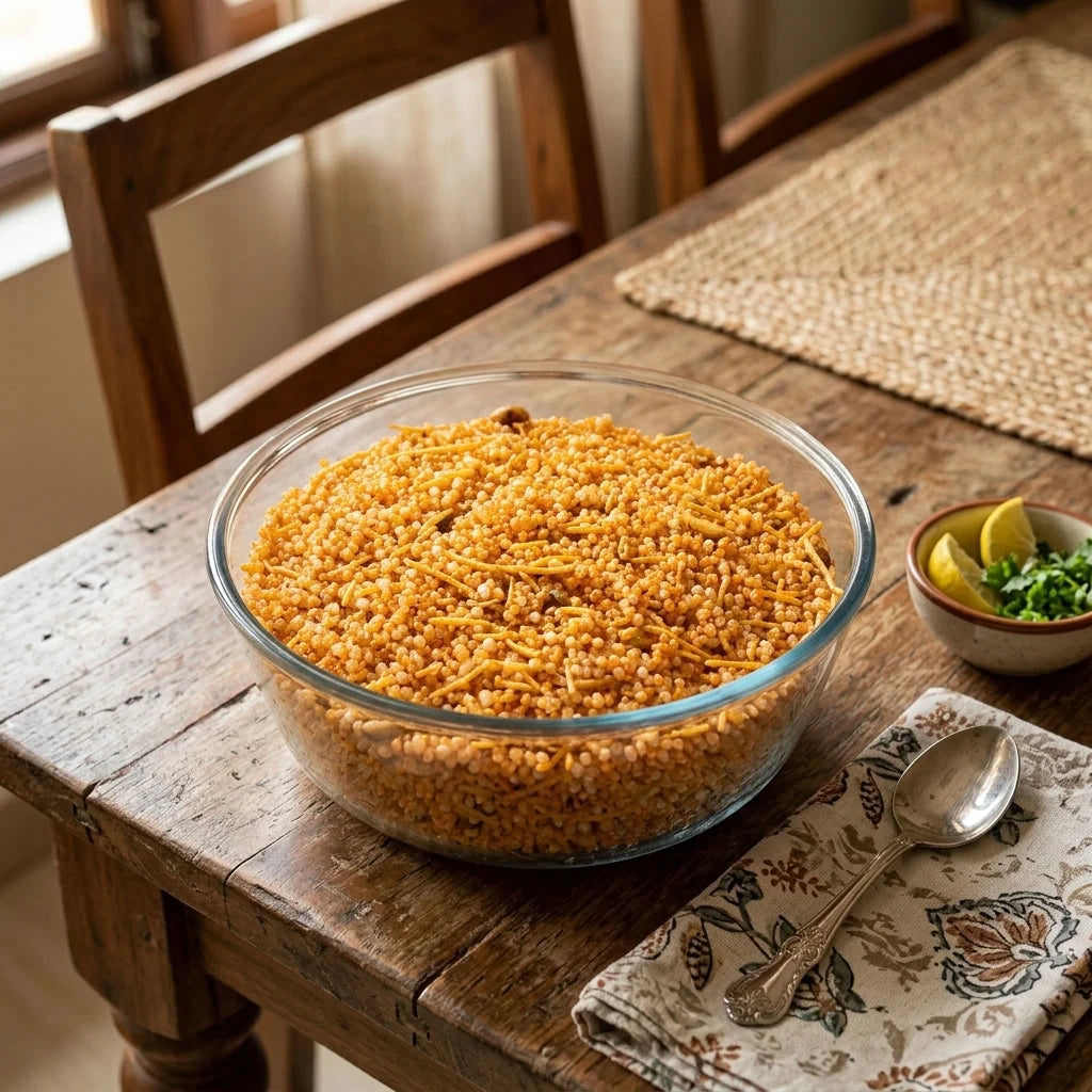 Golden sabudana khichdi in a glass bowl on a wooden table.