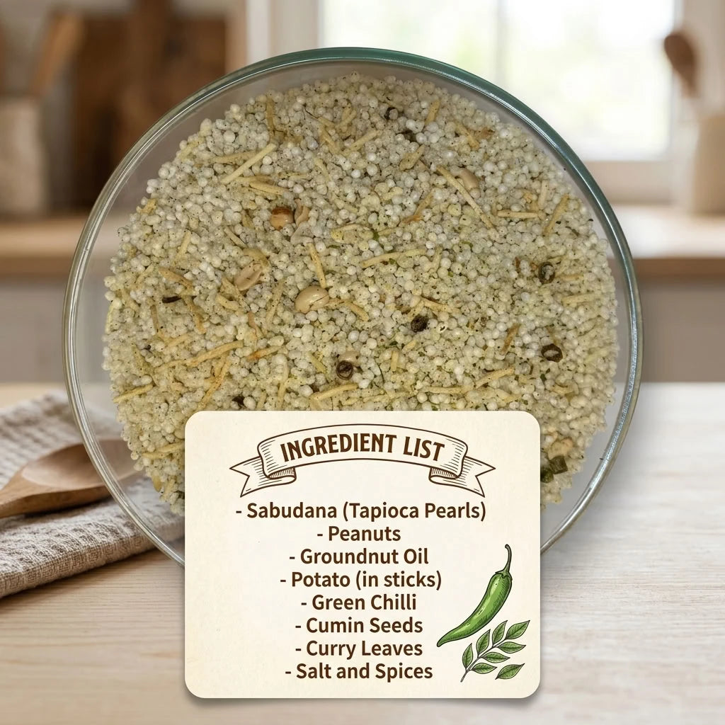 Bowl of sabudana khichdi with an ingredient list card.