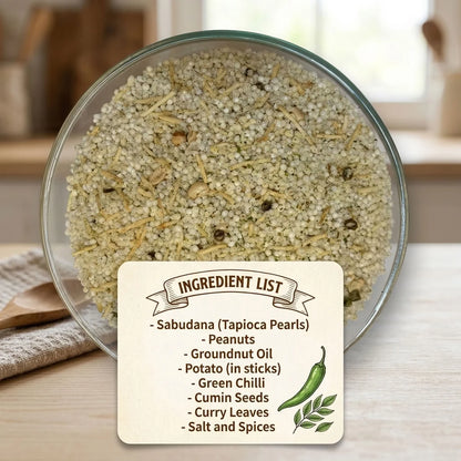 Bowl of sabudana khichdi with an ingredient list card.