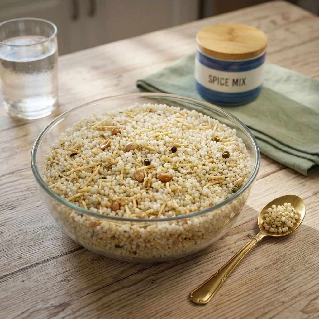 Sabudana khichdi with peanuts in a glass bowl, shown with a wooden spoon.