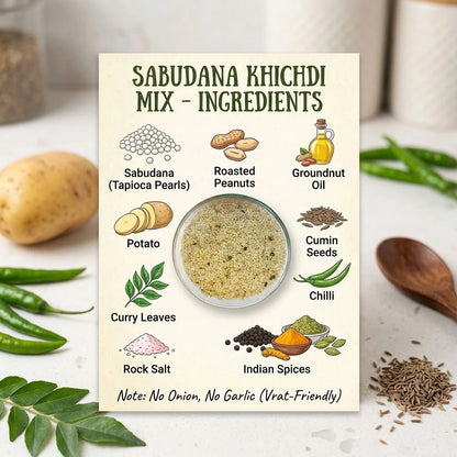 Sabudana khichdi mix ingredient graphic showing tapioca pearls, peanuts, groundnut oil, potato, cumin, chilli, curry leaves, rock salt and spices.